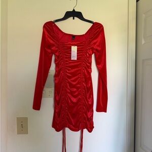 Red Ruched Long Sleeve Mini Dress
